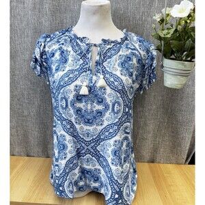 Rose + Olive Top Blue White Paisley Tassel Tie Ruffle Tiered Sleeve M Blouse
